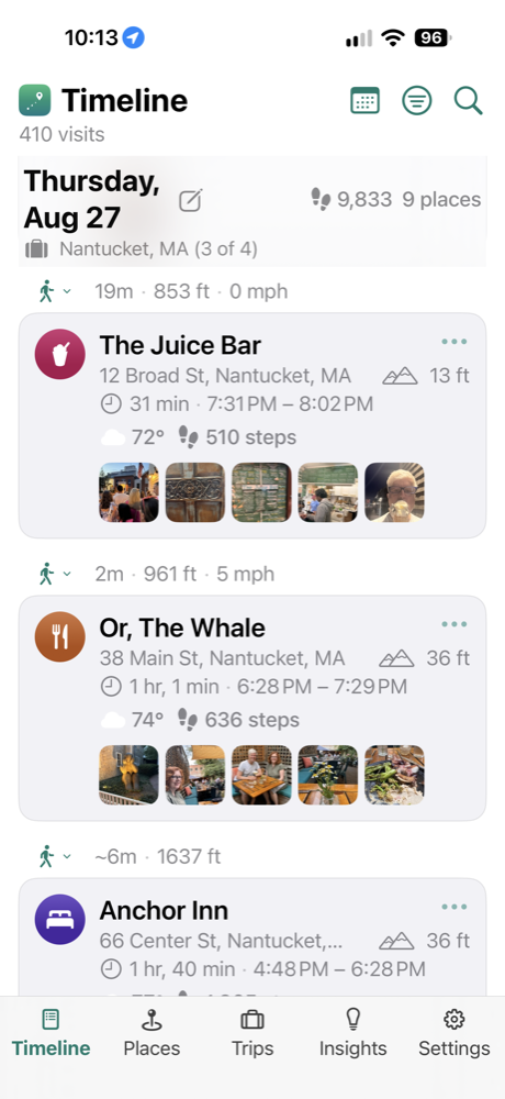 The Timeline screen listing a day of visits with photos
