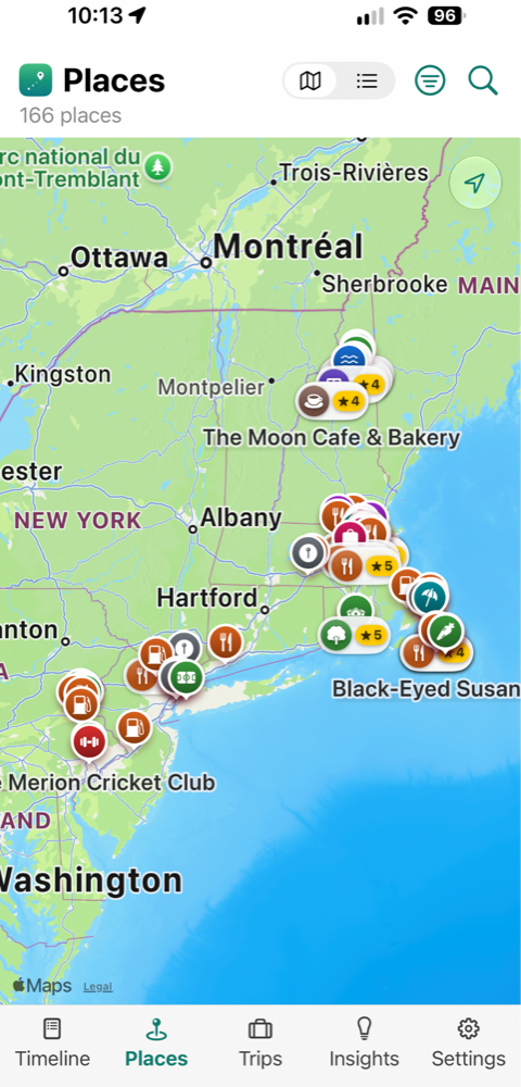 The Places map with rated places pinned
